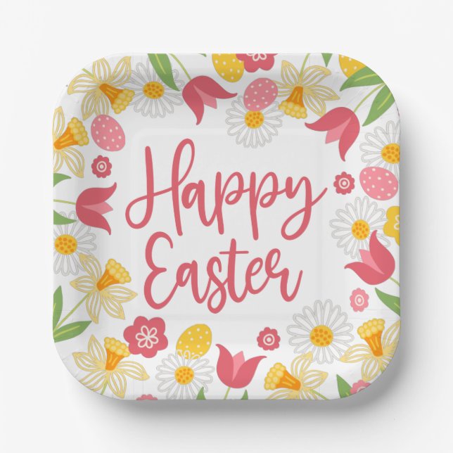 Happy Easter | Yellow and Red Floral  Paper Plate (Front)