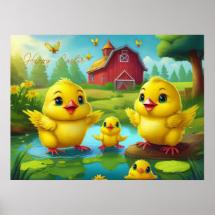 Happy Easter Yellow Chicks in a Pond by a Red Barn Poster