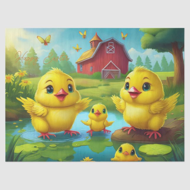 Happy Easter Yellow Chicks in a Pond by a Red Barn Tissue Paper (Front)
