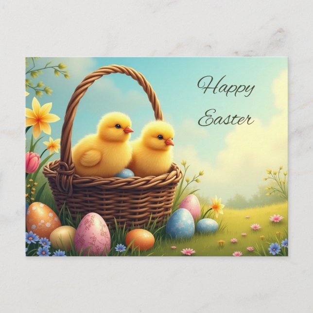 Happy Easter Yellow Chicks in Wicker Basket Holiday Postcard (Front)