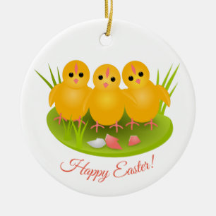 Happy Easter yellow chicks on green grass Ceramic Ornament