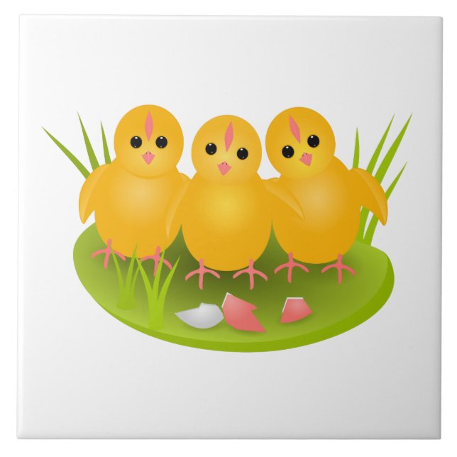 Happy Easter yellow chicks on green grass Ceramic Tile (Front)