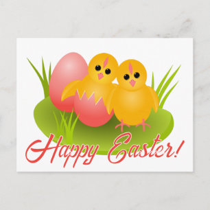 Happy Easter yellow chicks on green grass Holiday Postcard