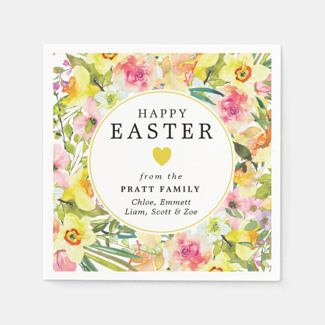 Happy Easter Yellow Daffodil Heart Napkin (Front)