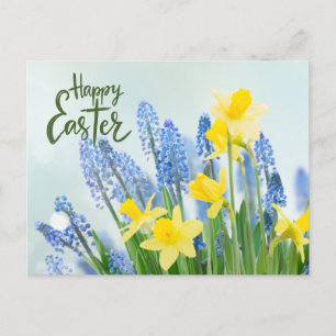 Happy Easter Yellow Daffodils and Blue Flowers  Postcard