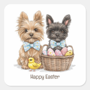 Happy Easter Yorkshire Terrier Dogs Square Sticker
