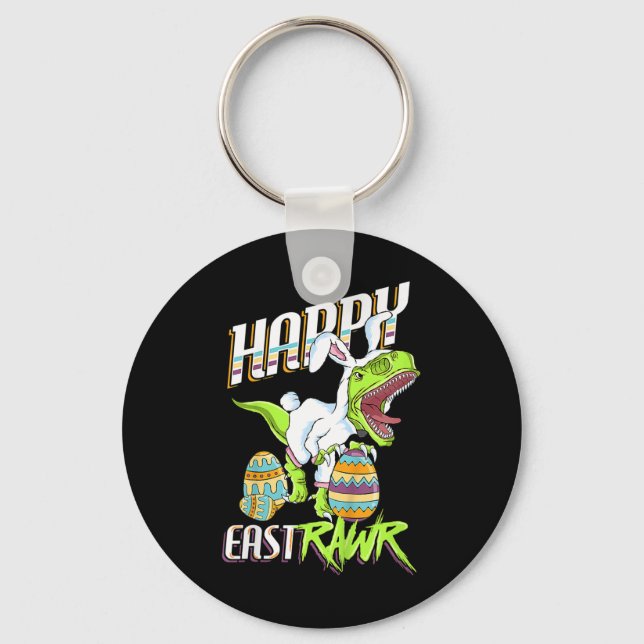 Happy Eastrawr Cute Trex Dinosaur Easter Bunny Egg Key Ring (Front)