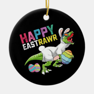 Happy Eastrawr T Rex Dinosaur Easter Bunny Egg Ceramic Ornament