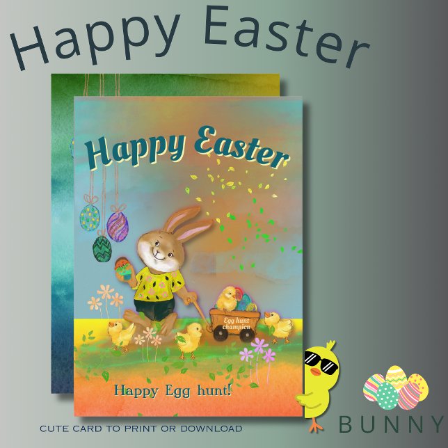 Happy Egg Hunt Bunny & Chicks Orange Holiday Card ( Happy Egg Hunt Bunny & Chicks Orange Holiday Card )