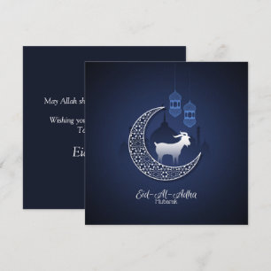 Happy Eid Al Adha Mubarak Blue White Goat Islamic Holiday Card