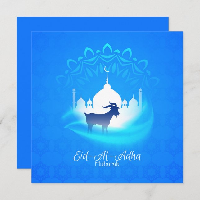 Happy Eid Al Adha Mubarak White Blue Goat Islamic Holiday Card (Front/Back)