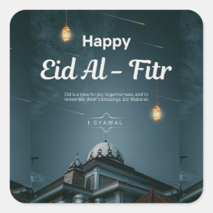 Happy Eid Al Fitr Mosque Lantern Night Art Square Sticker