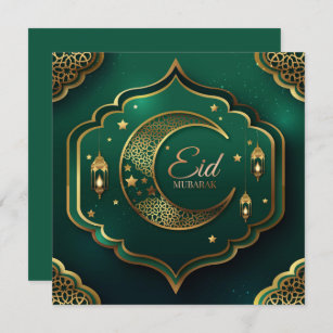 Happy Eid Gold Cresent Stars Islamic Lantern Green Holiday Card
