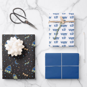 Happy Eid Kids Blue Moon Lantern Pattern Quote Wrapping Paper Sheet