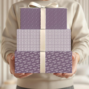 Happy Eid Kids Purple Moon Star Pattern Quote Wrapping Paper Sheet