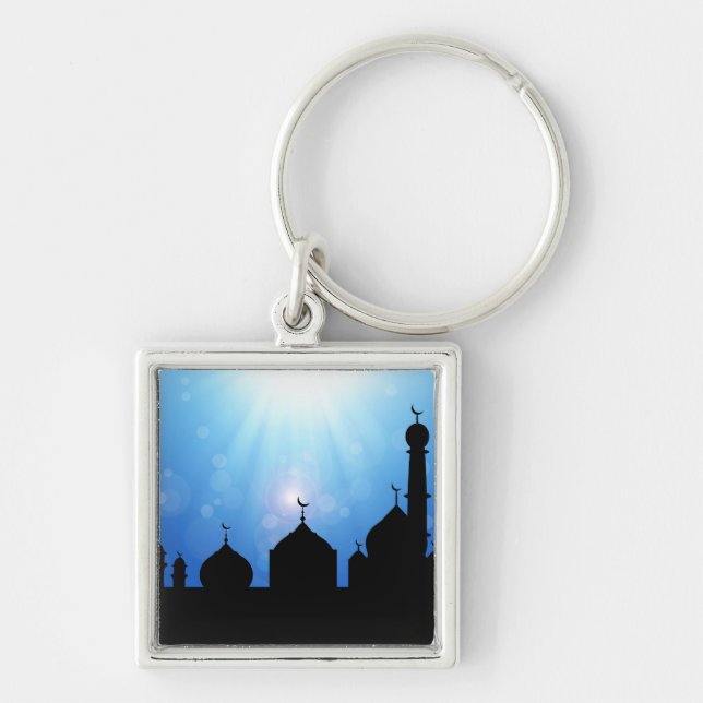 Happy Eid Mosque with Sunrays Key Ring (Front)