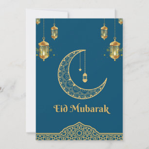 Happy Eid Mubarak Blue and Golden Crescent Holiday Card