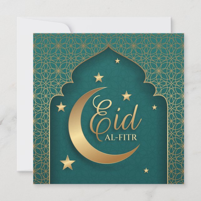 Happy Eid Mubarak Crescent Stars Arabic Pattern Holiday Card (Front)
