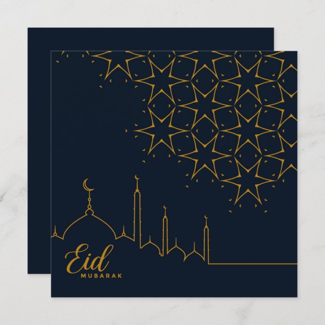 Happy Eid Mubarak Cresent Star Mosque Gold Blue  Holiday Card (Front/Back)