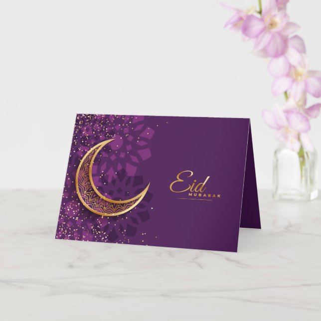 Happy Eid Mubarak Golden Crescent Confetti Purple Card (Orchid)