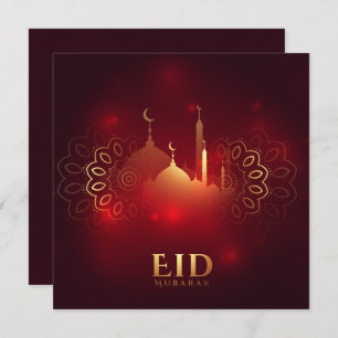Happy Eid Mubarak Golden Crescent Mosque Red Holiday Card
