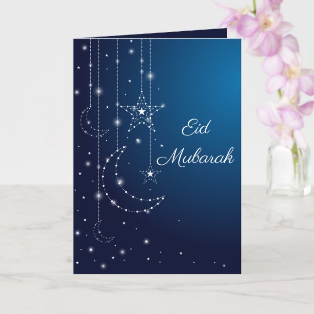 Happy Eid Mubarak Sparkling White Moon Stars Blue Card (Orchid)