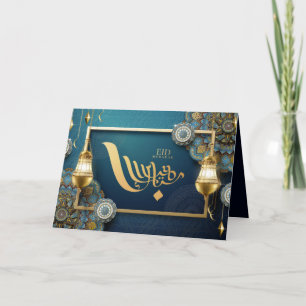 Happy Eid Mubarak Teal and Golden Calligraphy Card