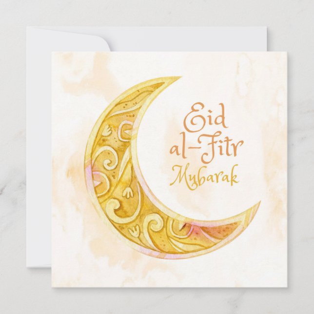 Happy Eid Mubarak Watercolor Pattern Cresent Holiday Card (Front)