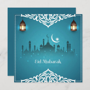Happy Eid Mubarak White Cresent Star Mosque Blue Holiday Card