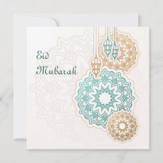 Happy eid mubarak with lanterns and decorations holiday card