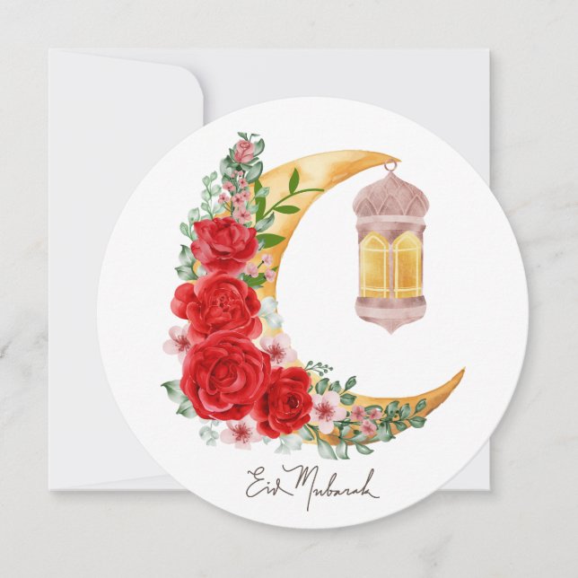 Happy Eid Rose Floral Cresent Islamic Lantern Holiday Card (Front)