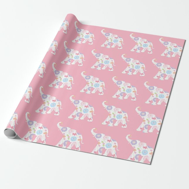 Happy Elephant Art Pattern Flower Cute Unique Pink Wrapping Paper (Unrolled)