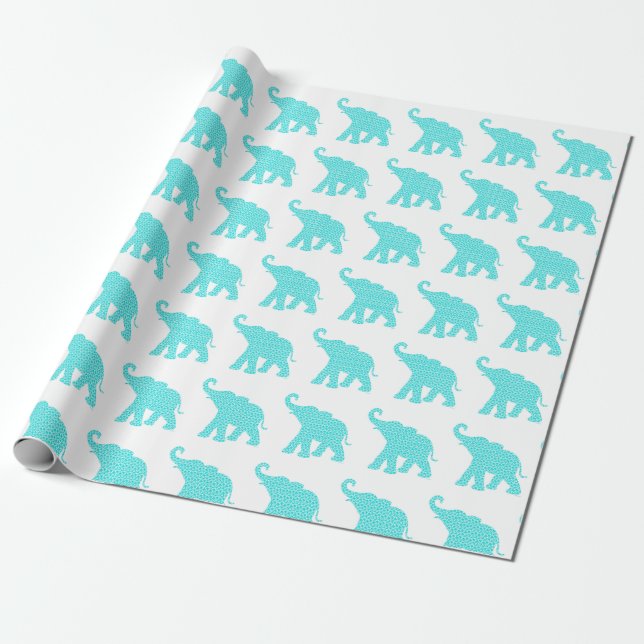 Happy Elephant Art Turquoise Pattern Cute Wrapping Paper (Unrolled)