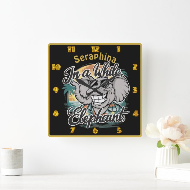 Happy elephant at the sunny beach square wall clock (Home)