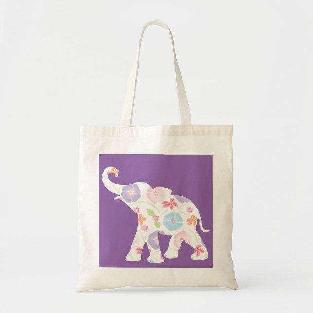 Happy Elephant-Big-Flower Pattern Modern Tote Bag (Front)