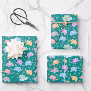 Happy Elephant Garden Party w Umbrellas Flowers Wrapping Paper Sheet