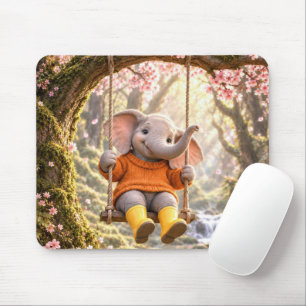 Happy Elephant on Cherry Tree Swing Mouse Pad