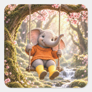 Happy Elephant on Cherry Tree Swing Square Sticker