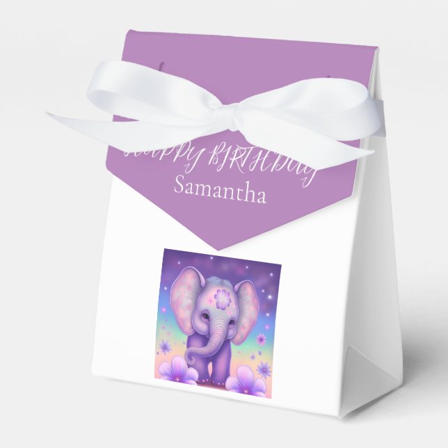 Happy Elephant Purple flowers Birthday Favour Box (Front Side)