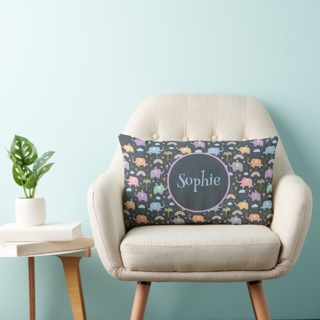 Happy Elephants Birds Night Sky Clouds Rainbows Lumbar Cushion (Chair)