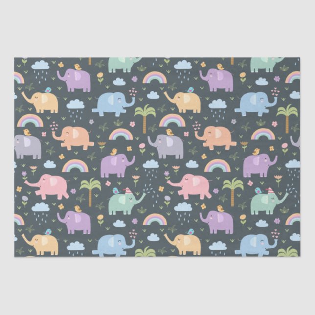 Happy Elephants Birds Night Sky Clouds Rainbows Tissue Paper (Front)
