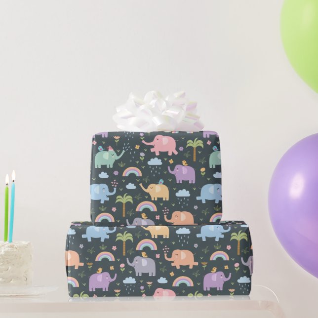 Happy Elephants Birds Night Sky Clouds Rainbows Wrapping Paper (Party Gifts)
