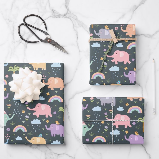 Happy Elephants Birds Night Sky Clouds Rainbows Wrapping Paper Sheet (Front)