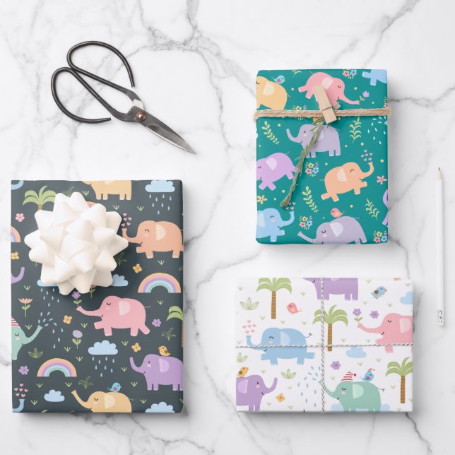 Happy Elephants Medley Mix and Match  Wrapping Paper Sheet (Front)