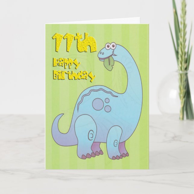 Happy Eleventh Birthday Blue Dinosaur Card (Front)