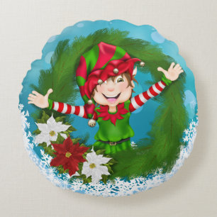 Happy Elf Festive Blue Holiday Round Cushion
