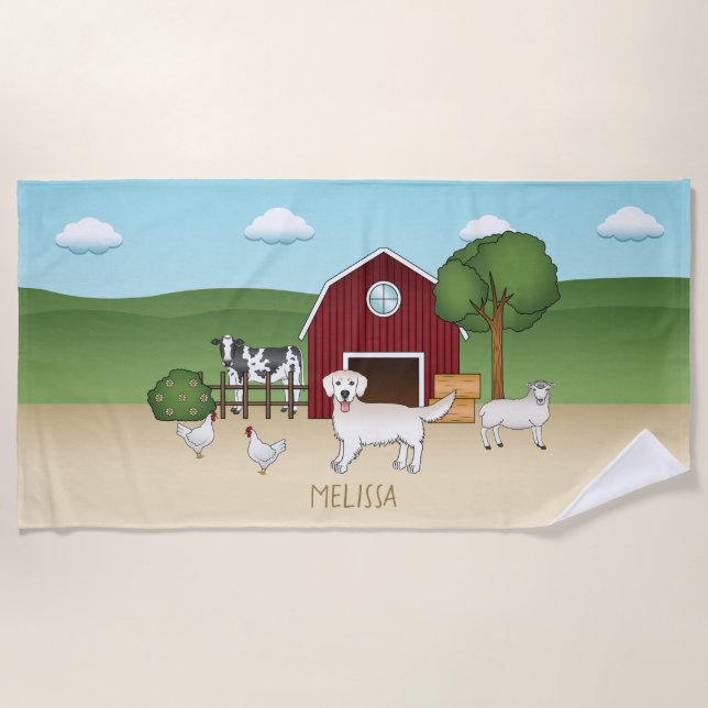 Happy English Cream Golden Retriever At A Farm Beach Towel (Front)