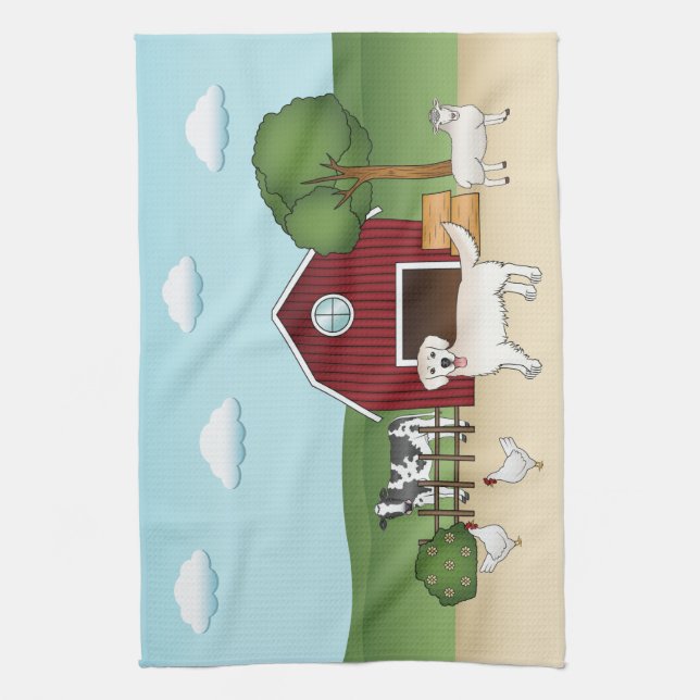 Happy English Cream Golden Retriever At A Farm Tea Towel (Vertical)