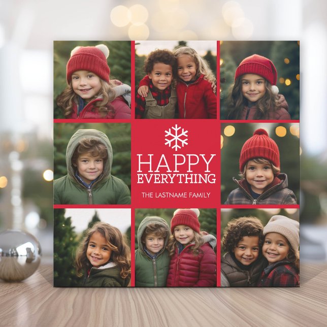 Happy Everything 8 Photo Collage Holiday Card (Modern Christmas Card with a photo collage and modern snowflake.)