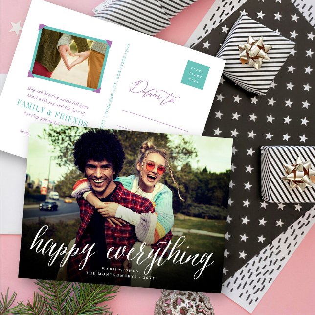 Happy Everything Simple White Script Photo Modern Holiday Postcard (Creator Uploaded)